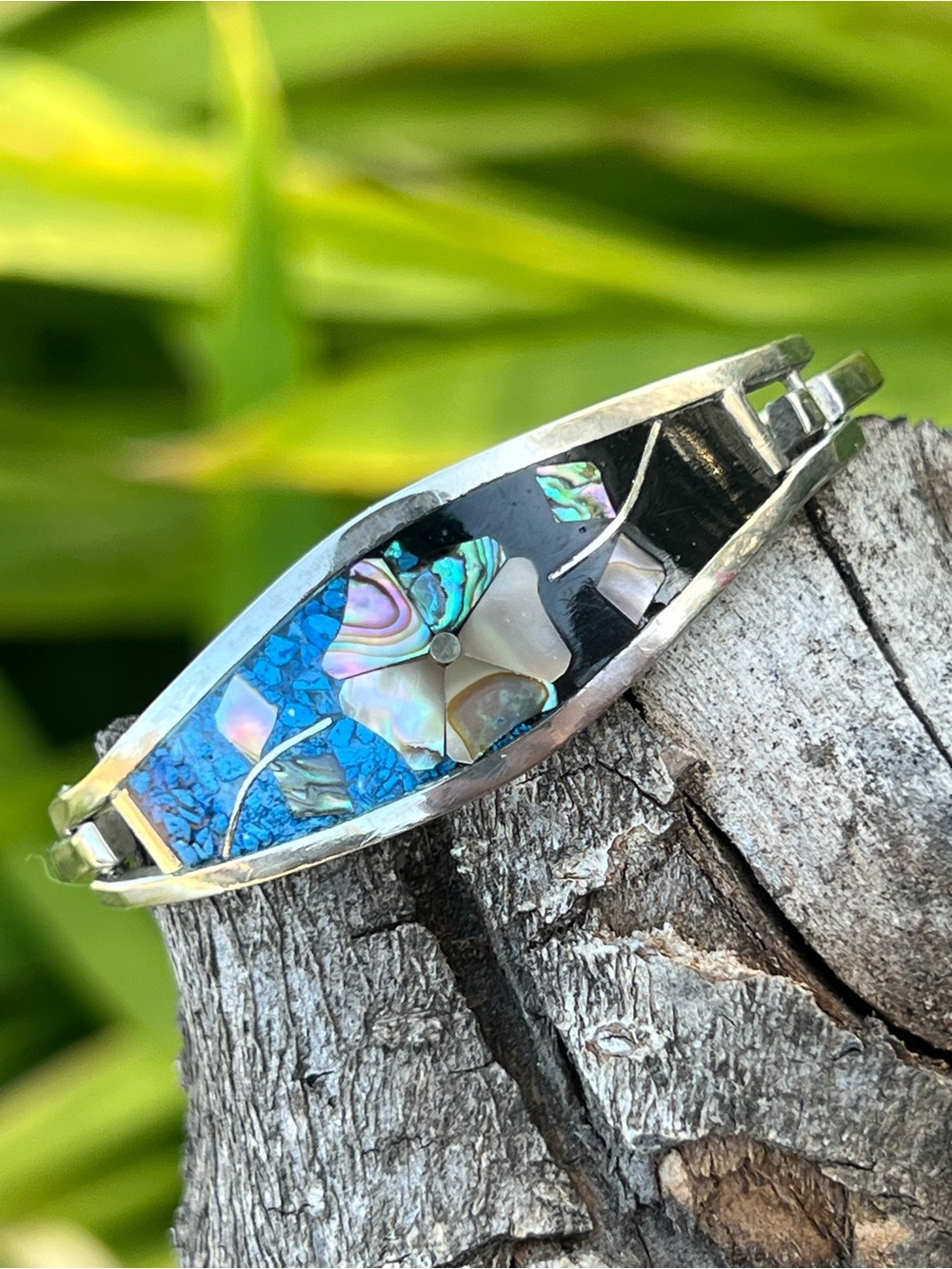 Vintage Alpaca Mexico Abalone Inlay Kids Hinge Bracelet Size 5.75